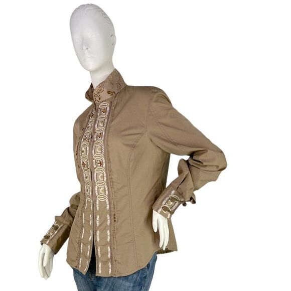 Roberto Cavalli Place Tan Floral Beaned Embroidered Shirt w/ Mandarin Collar 12 - Picture 7 of 16
